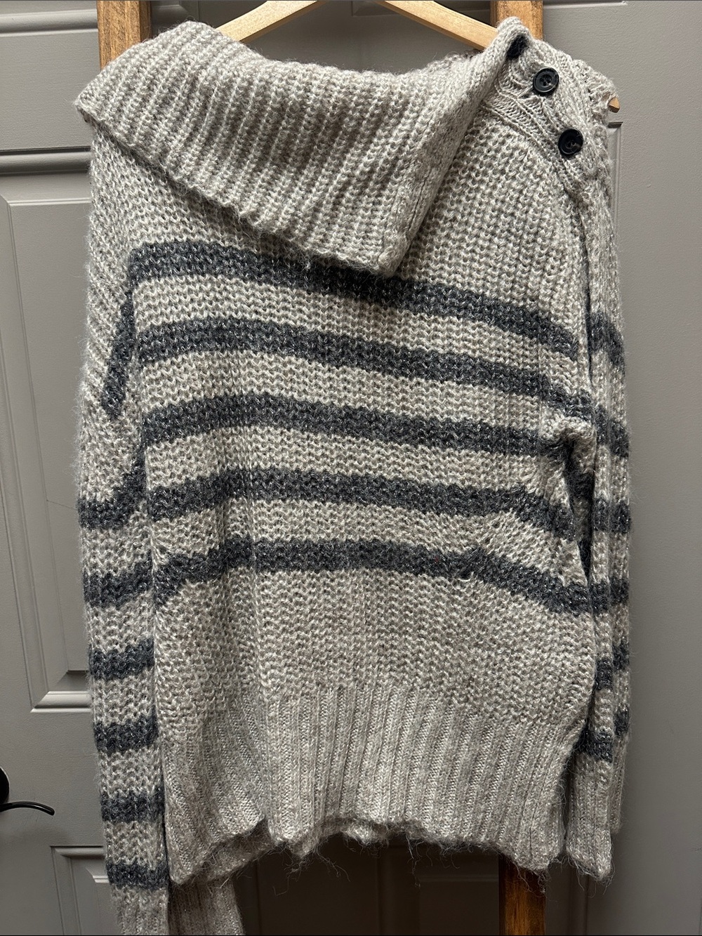 Mystree Cream and Gray Striped Funnel Neck Sweater with Button Detail